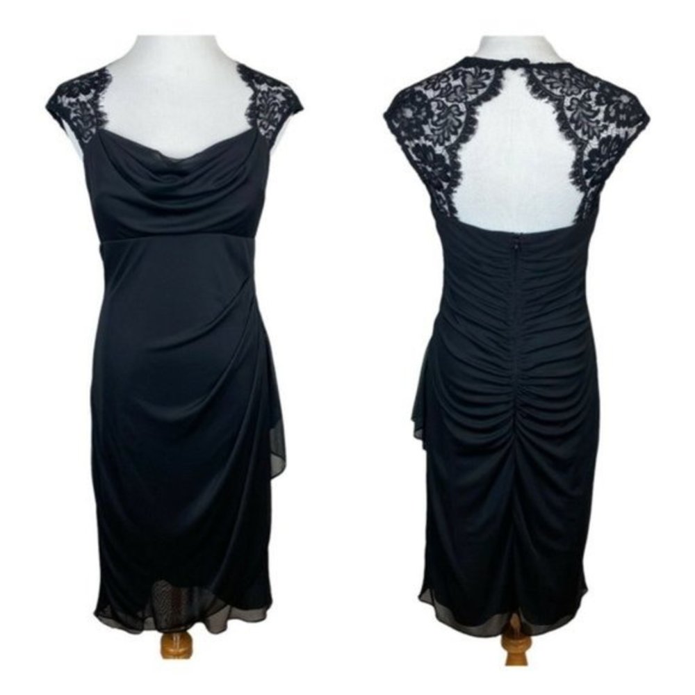XSCAPE Cocktail Dress 6 Black LBD Lace‎ Cap Sleeve Ruched Draped Party
